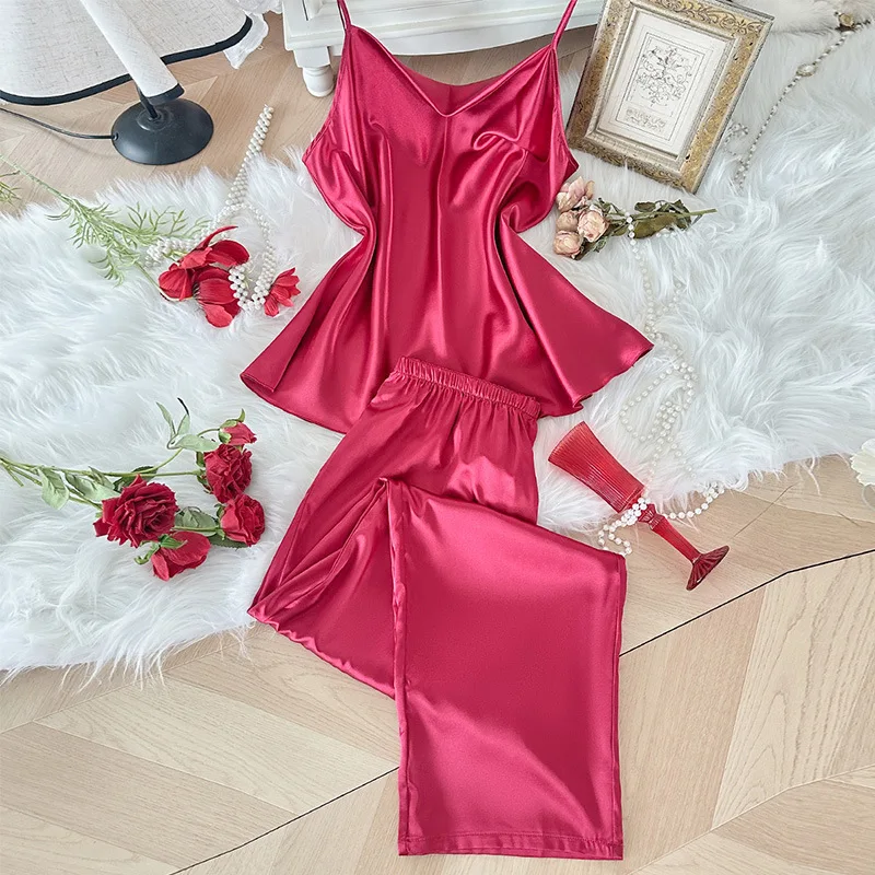 Spring and Summer Suspender Pants Two-piece Set, Fashionable Thin and Comfortable Home Wear, Ice Silk Pajamas Set