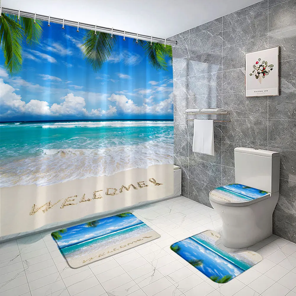 4 pcs Seaside Beach Shower Curtain Rug Set Blue Sky Ocean Coconut Tree Tropical Nature Landscape Bath Curtain Bathroom Decor Set