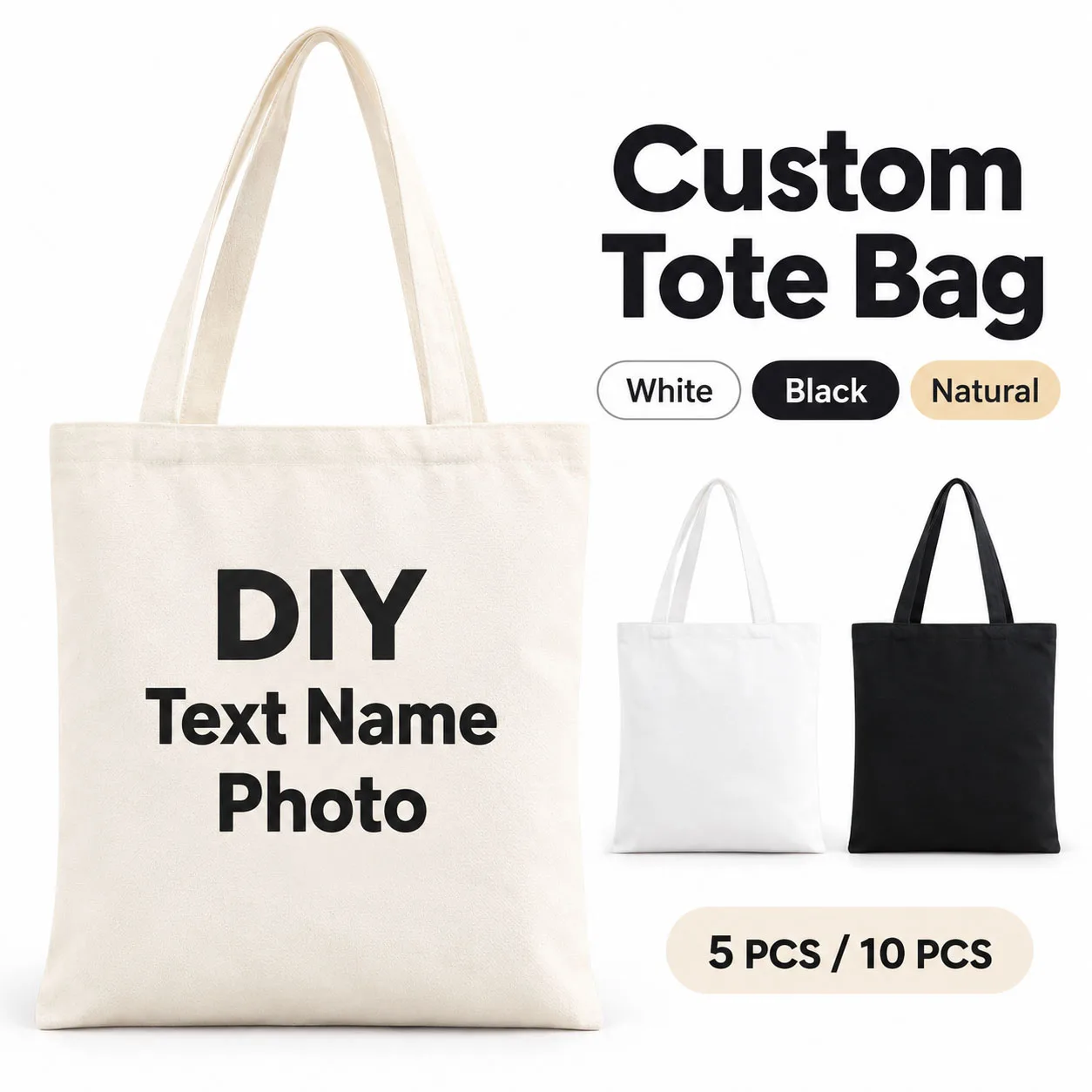 Custom Tote Bags Personalized Canvas Shopping Bags Reusable Carry Bags 5PCS 10PCS for Wedding Party Events Travel Daily Gifts