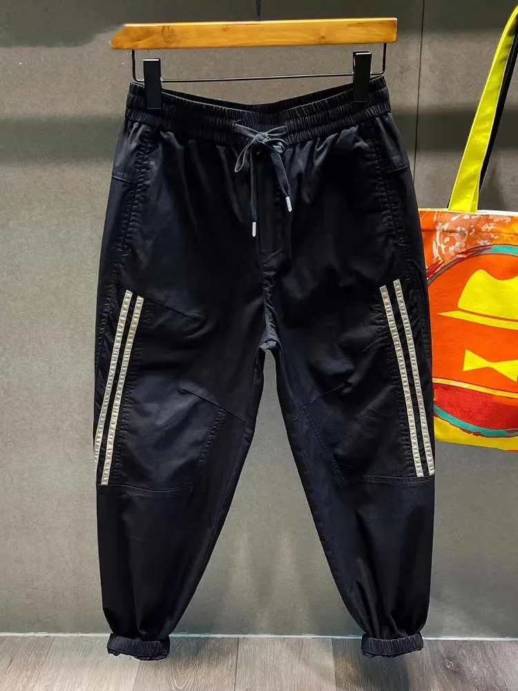 Pantalones informales para hombre, novedad de verano, pantalones holgados hasta el tobillo con cordón, moda de venta al por menor de Hip Hop, pantalones de chándal Cargo a rayas