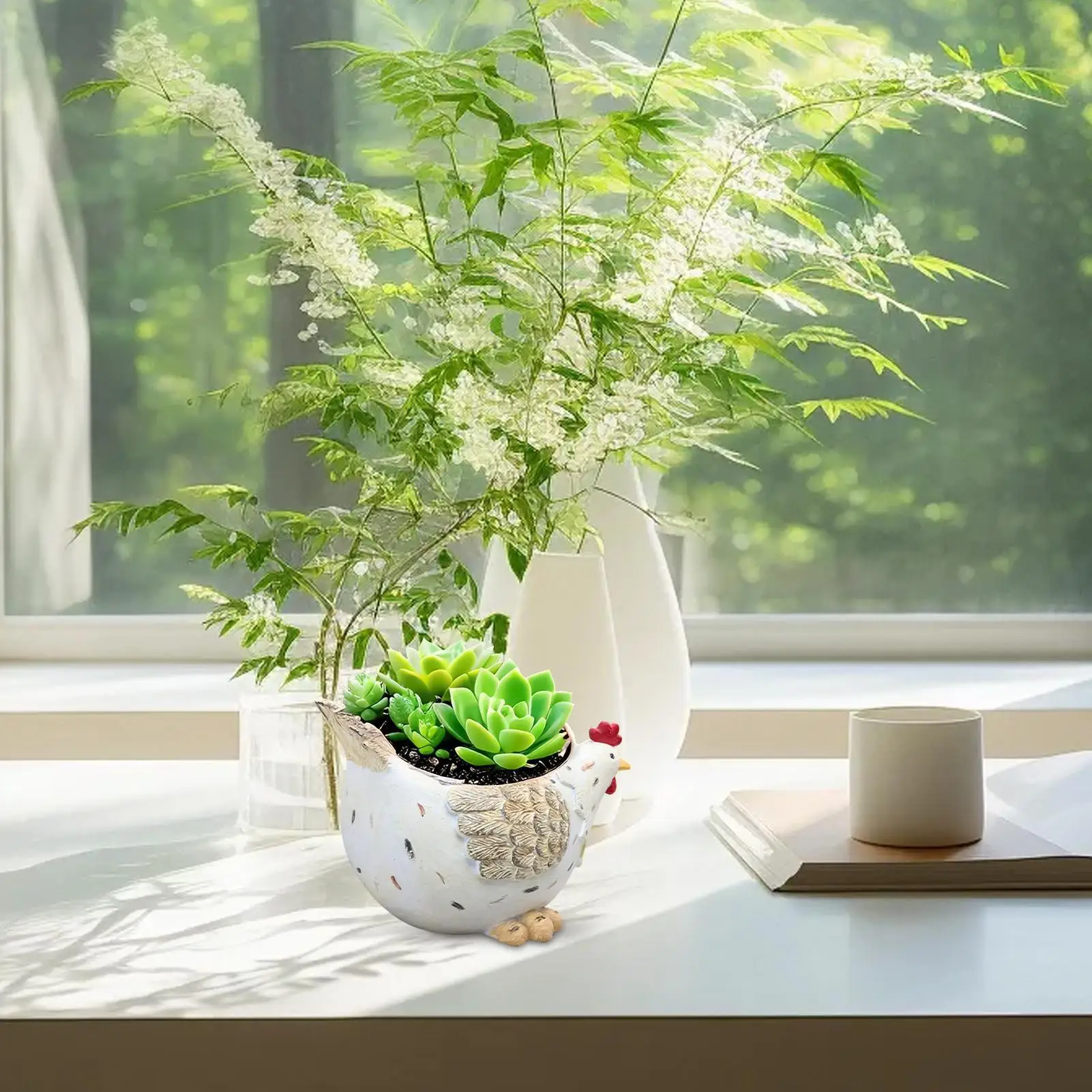 Chicken Flower Pot Resin Indoor Hen Flowerpots for Vegetables With Drainage Hole Decorative Plant Planter for Desk Bedroom
