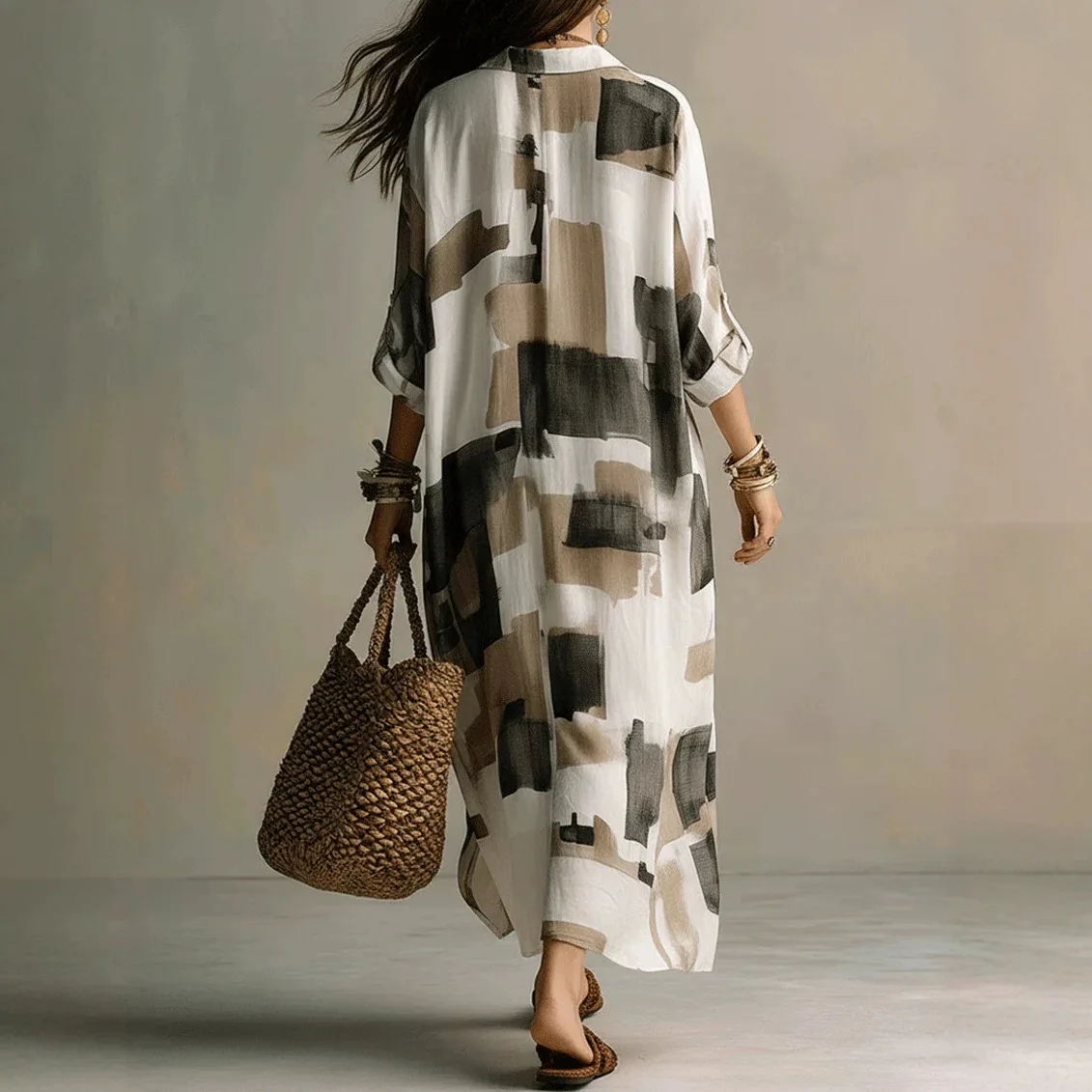 Geometric Print Shirt Dress Summer Dresses for Women Casual Holiday Floral Blouse Top Long