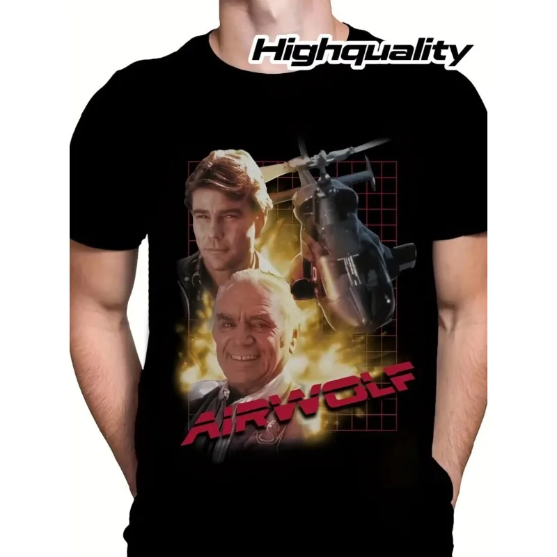 Nostalgic 1980s clothing men's AIRWOLF 80s TV program T-shirt black retro action series shirt, featuring helicopter characters