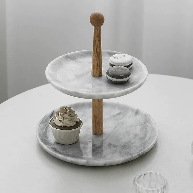 French Marble Double Layer Dessert Cake Stand Coffee Break Fruit Tray Marble Double Layer Bread Display Stand