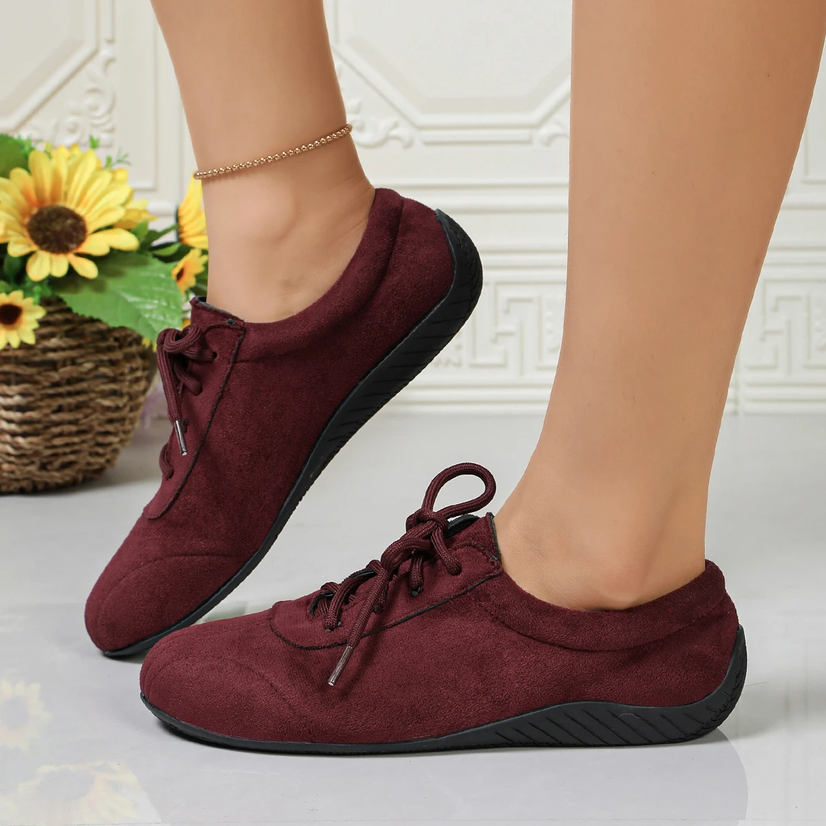 Damen-Schnürschuhe, flache Freizeitschuhe, weiche Sohle, Wildlederstoff, rutschfest, leicht, Vintage, bequem, für den täglichen Gebrauch im Freien. – Detail 8