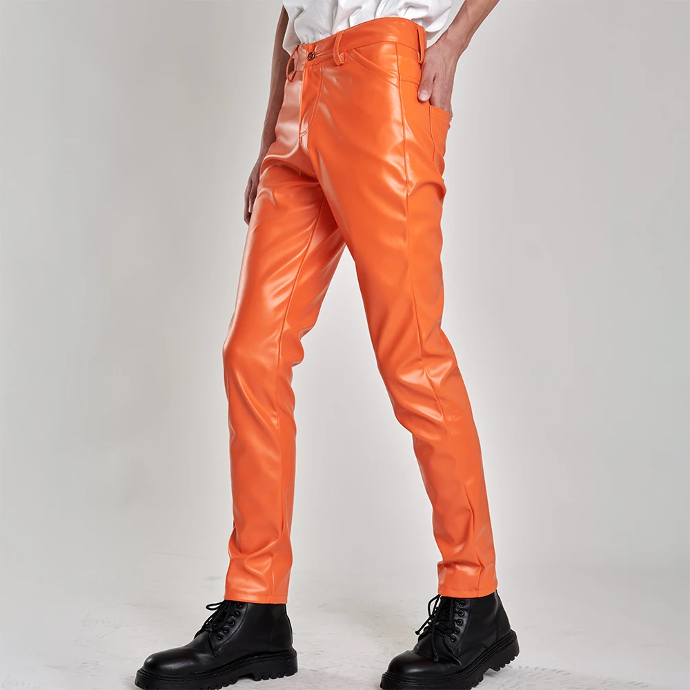 Herren-Lederhose, schmale Passform, Stretch, modische PU-Lederhose, Nachtclub, Party- und Tanzhose, dünn – Detail 4