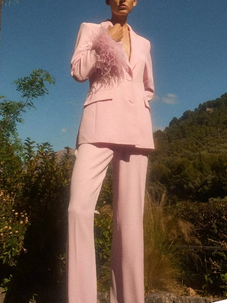 2025 봄 여름 여성 패션 깃털 트림 커프 수트 재킷 스트레이트 레그 팬츠 출퇴근 캐주얼 롱 슬리브 원버튼