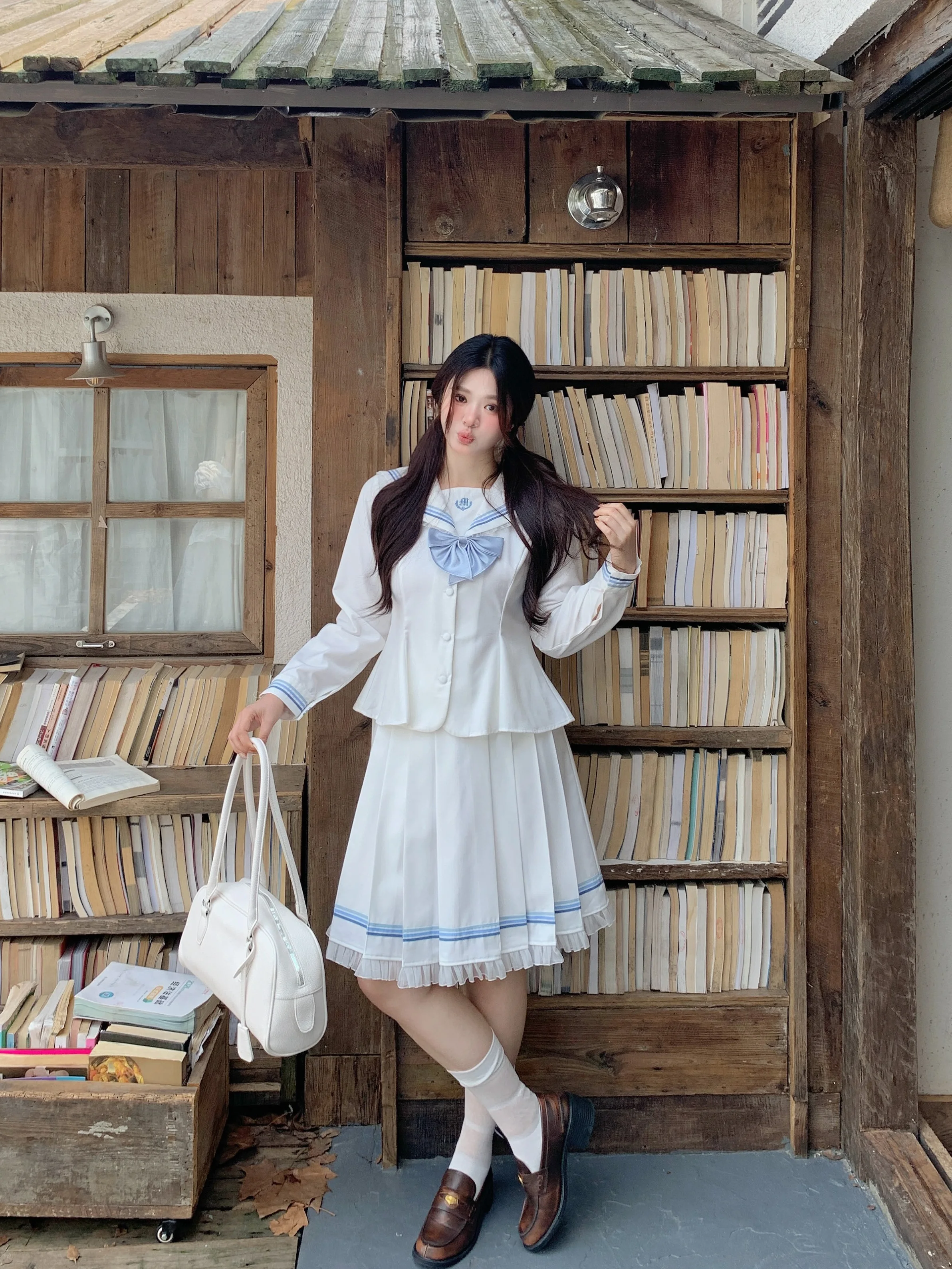 plus Size Jk School Uniform White Waist-Cinching Sailor Top And Short Skirt Set Slimming Navy Collar Sweet Japanese Style Cas...