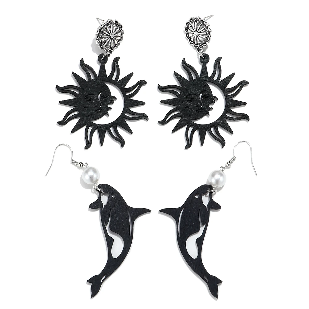Pendientes Colgantes Creativos con Forma de Delfín y Sol Negro, Pendientes Retro con Textura de Madera para Mujer, Regalos de Joyería, Accesorios
