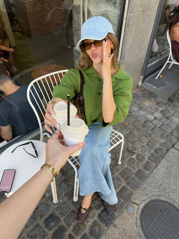 

Women Casual Green Knit Pullover Fashion Lapel Chic Half Sleeve Loose Sweater Lady 2025 New Autumn High Street Daily Pullovers