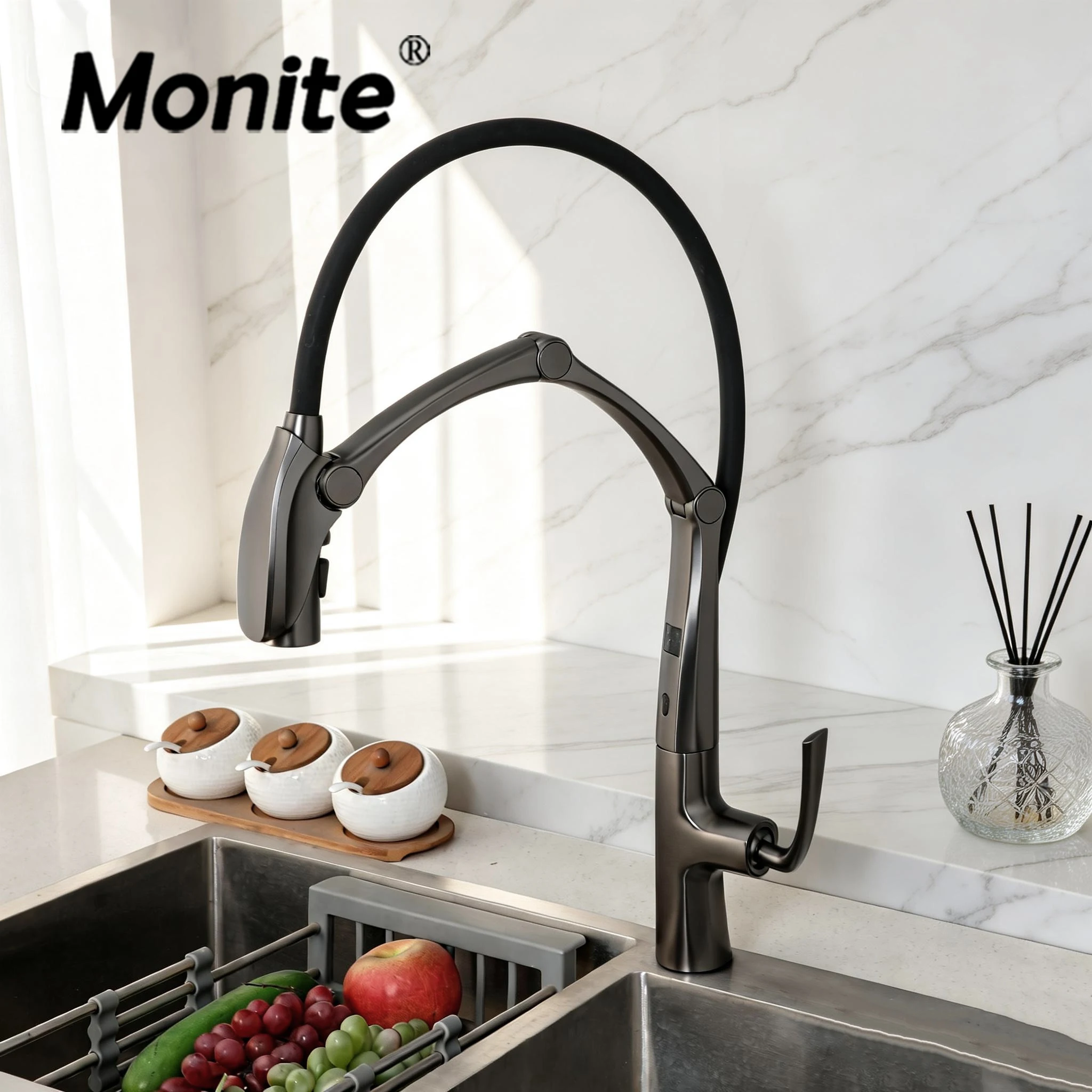 

Выдвижной кухонный смеситель Monite с цифровым дисплеем температуры, умный, 3-режимный распылитель, высококачественный смеситель для раковины с горячей и холодной водой