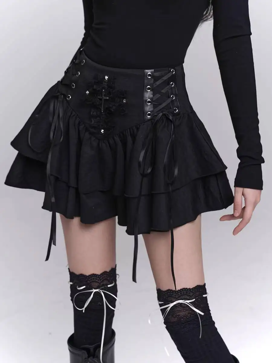 Gothic Punk Skirts Women's Black Mini Skirt Ghost Girl Cross Print Punk Subculture Gothic Y2K Sexy Style Skirt