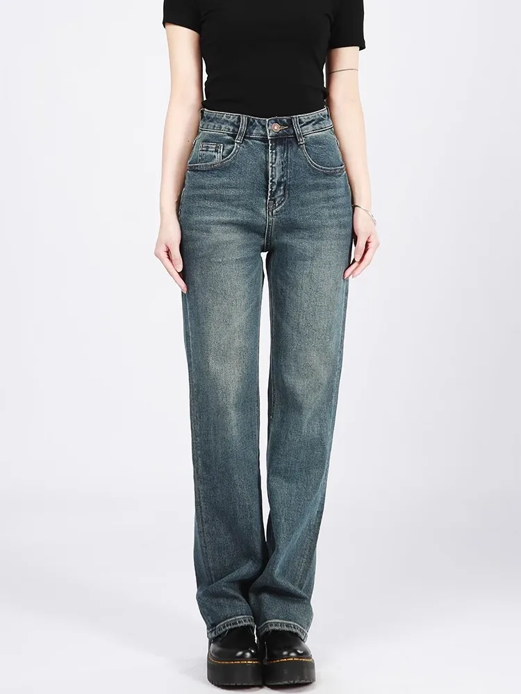 

Джинсы женские с высокой талией, облегающие, эластичные, в стиле ретро, прямые, свободные, широкие брюки, повседневные, с высокой эластичностью