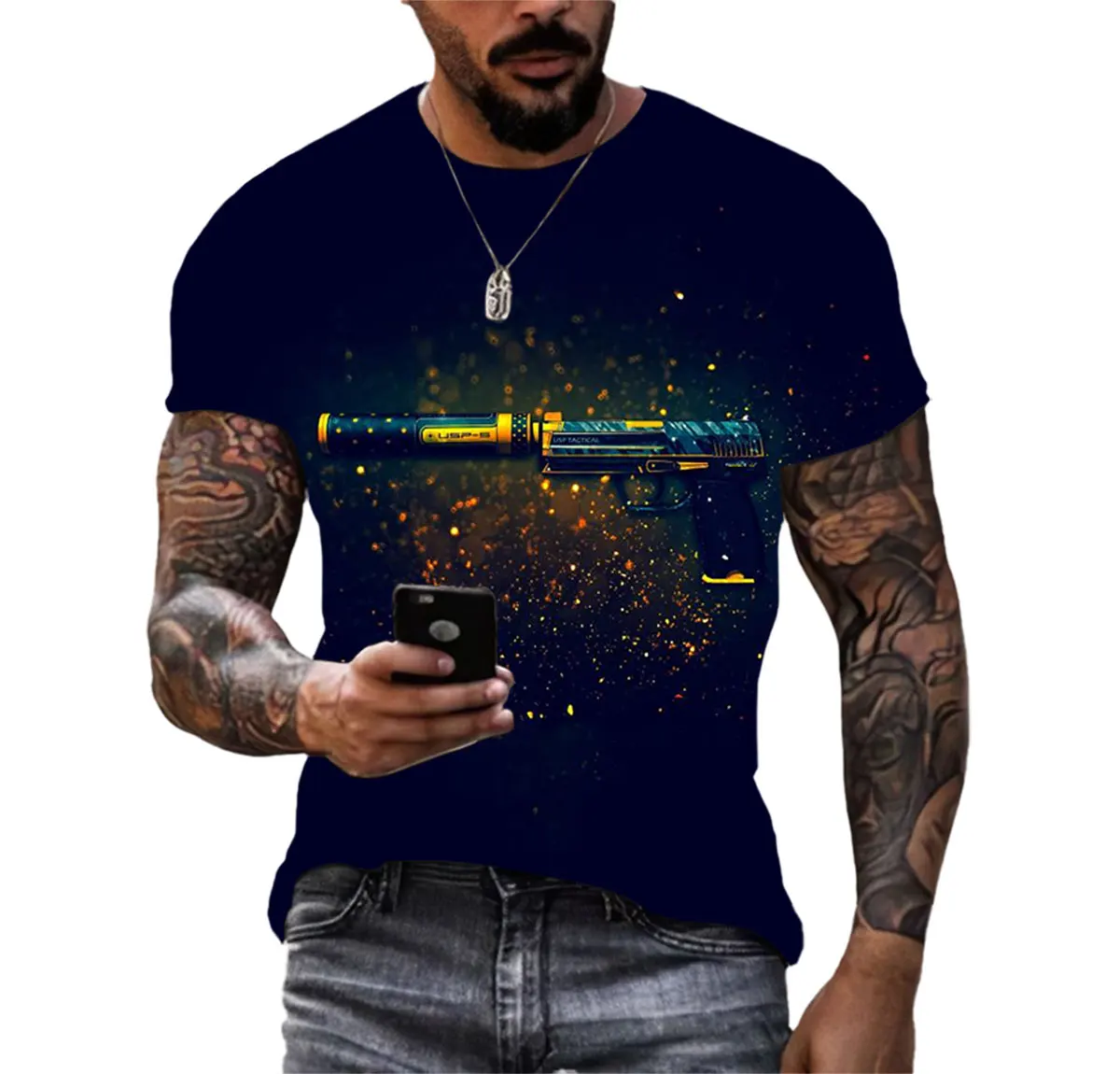 

Tough Guy Style Summer Men'S T-Shirt Weapon Gun Pattern Print Street Creative Short Sleeve Outdoor Quick Drying Tactical Top