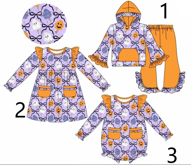 

Оптовая мода Хэллоуин ужас тыква с длинными рукавами красный и зеленый костюм комплект одежды для девочек осенняя и зимняя одежда