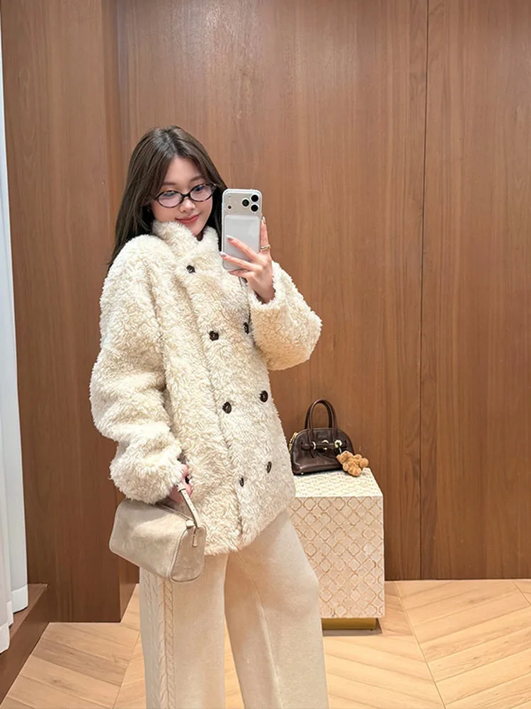 

Шерстяное пальто с мехом, двубортное, с воротником-стойкой, женская зимняя модная повседневная свободная верхняя одежда с длинными рукавами
