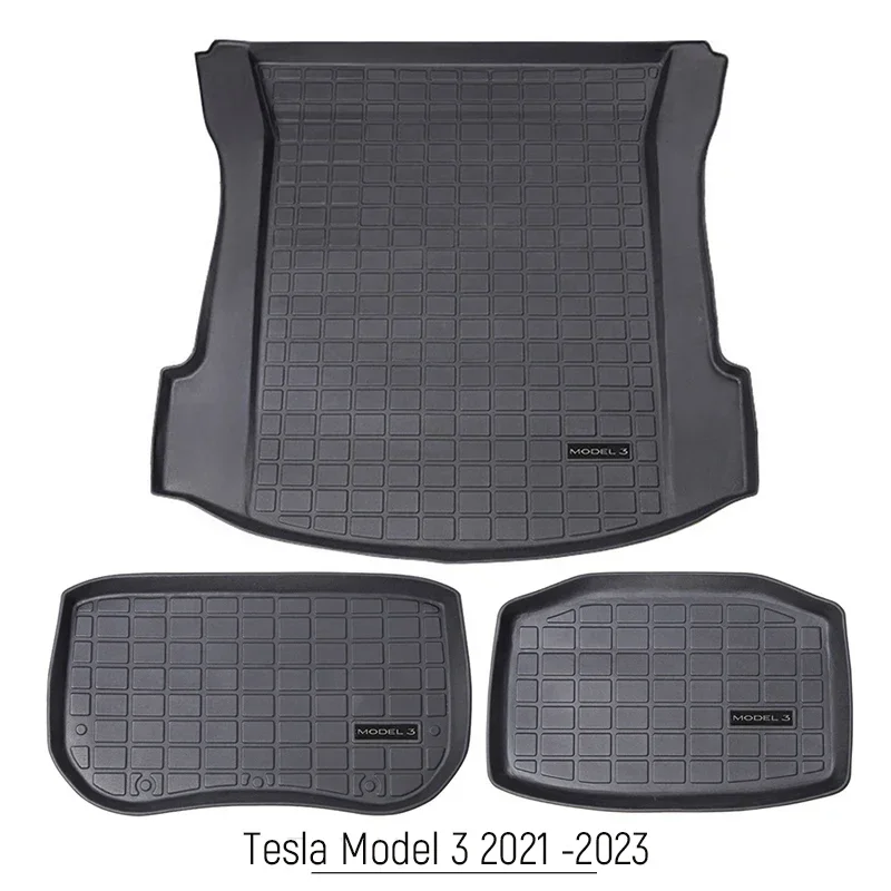 

Plain Cargo Liner Set For Tesla Model 3 2024 2021-2023.10 Highland All-Weather Trunk Mats Front Boot & Cargo Lower Storage Tray