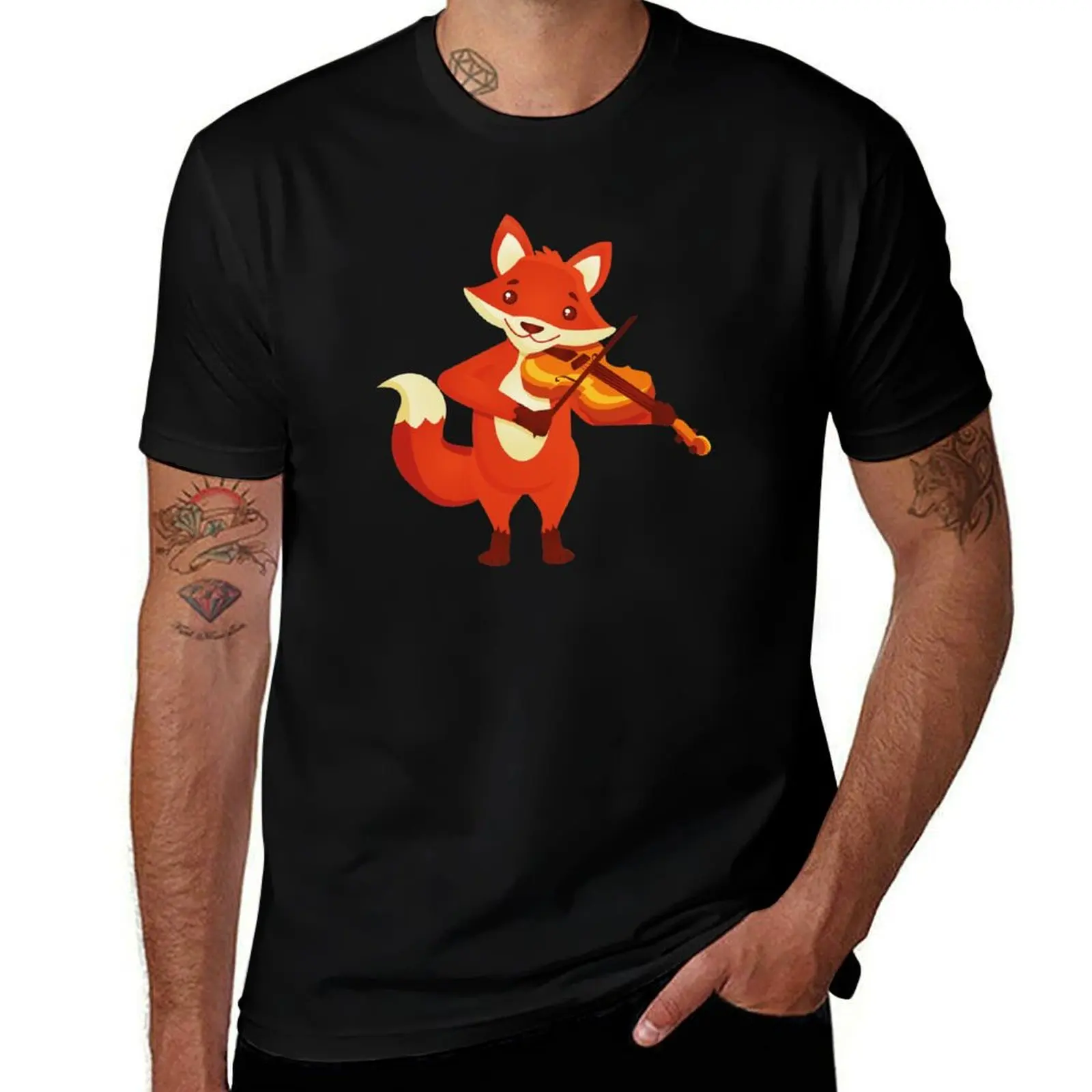 Funny fox playing music with violin T-Shirt High Elasticity Sports Tee Shirt