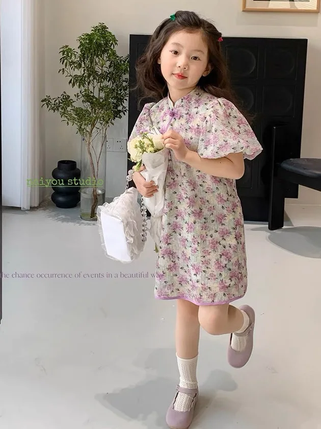 

Girls' Chinese Style Cheongsam Dress Summer 2023 New Children's Floral Skirt Girl Princess Skirt