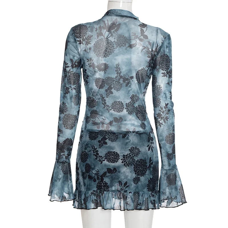 Y2K Bloemenprint V-hals Ruches Mini-jurk Dames Sexy Flare Lange Mouw Bodycon Party Club Jurken Outfits Herfst Winter Cadeau