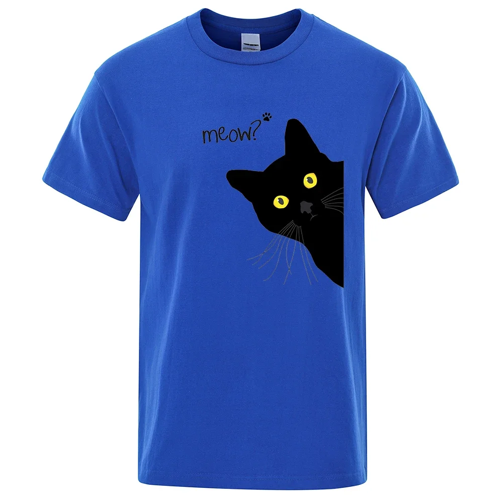 Meow Black Caatt Funny Printing Men T-Shirts Breathable Tee Clothes Summer Streetwear Tops Oversized Loose Cotton Short Sleeve