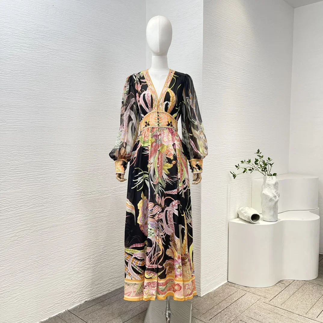 

Black Flower Print Long Sleeve Diamonds Midi Dress