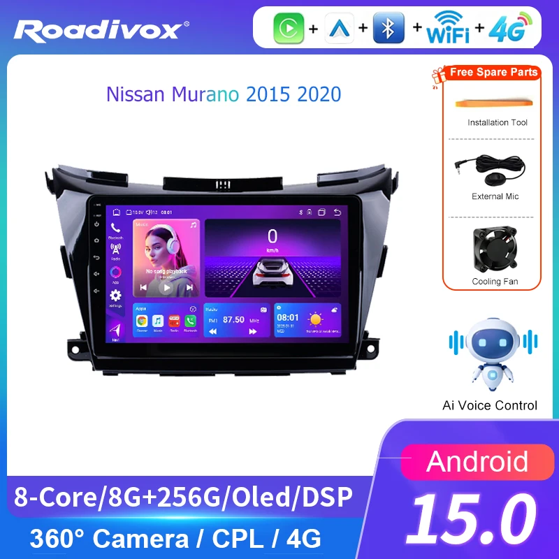 AI VOICE roadivox Android car radio for Nissan Murano 2015 2020 stereo GPS Navigation video Multimedia Player tape recorder