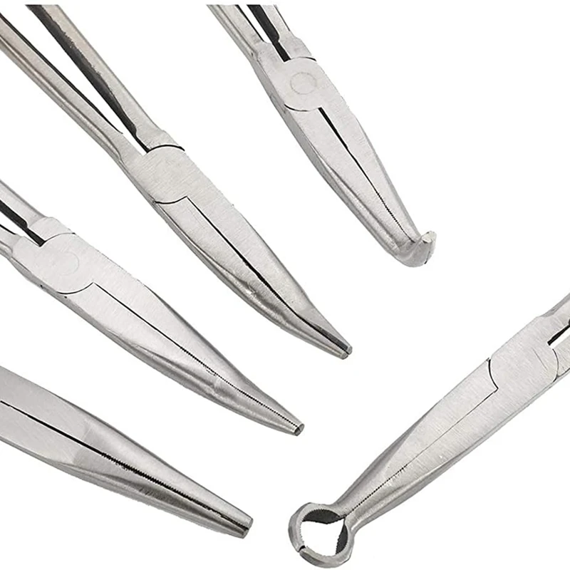 5PCS Long Needle Nose Pliers Set 25/45/90-Degree Angle, Straight,Curved Pliers,O-Shape Clamp Long Nose Pliers