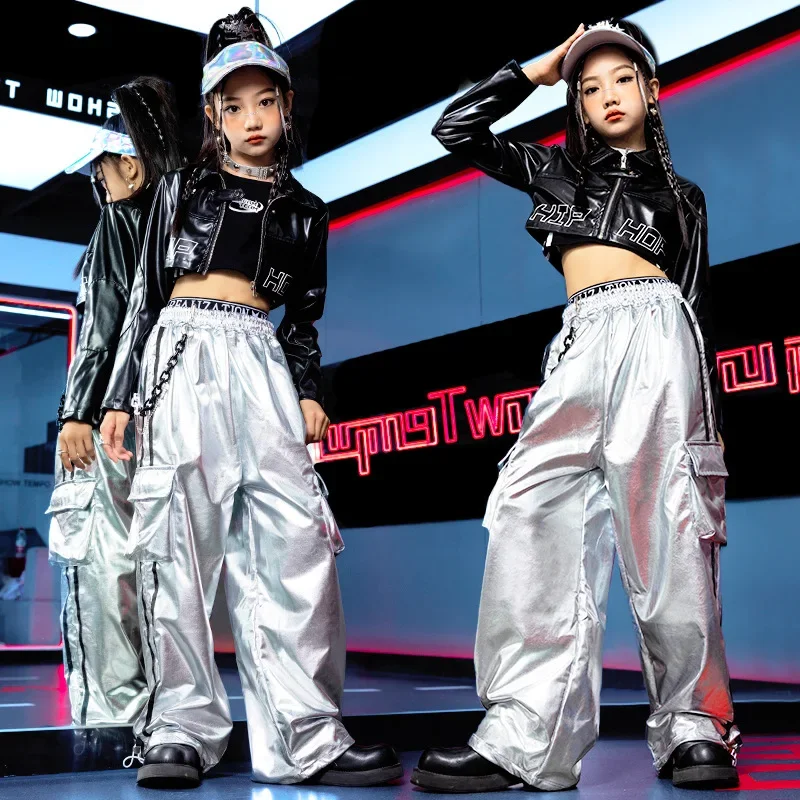 Kind Model Catwalk Stage Dance Show Kostuum Zwarte Navel Top Witte Broek danskleding Meisjes Jazzdans Hip Hop Outfit