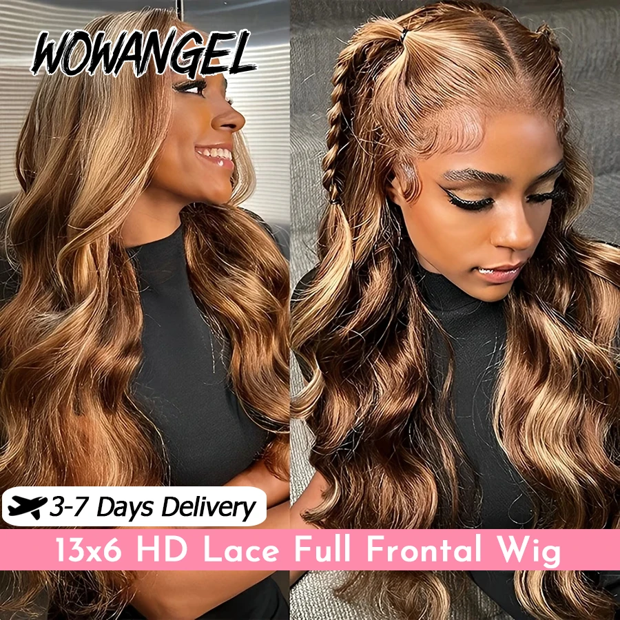

WOWANGEL HD Lace Full Frontal Wigs 4/27 Highlight Wigs Body Wave 34in 13x6 HD Lace Front Human Hair Wigs Melt Skins Pre Plucked