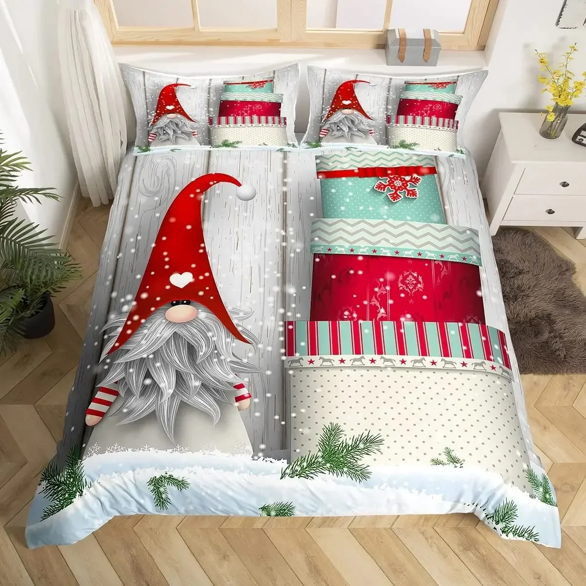 Christmas Gnomes Duvet Cover Set Santa Claus Xmas Comforter Cover Merry Christmas Bedding Sets Winter Snow Holiday Quilt Cover
