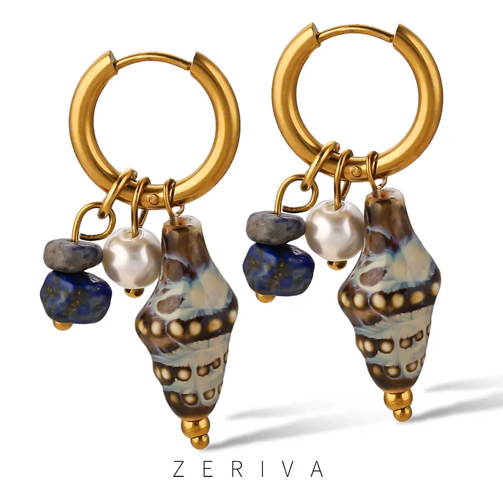 

ZERIVA Ocean Style Colorful Ceramic Conch Shell Starfish Pearl Drop Hoop Earring for Women Stainless Steel Holiday Daily Jewelry
