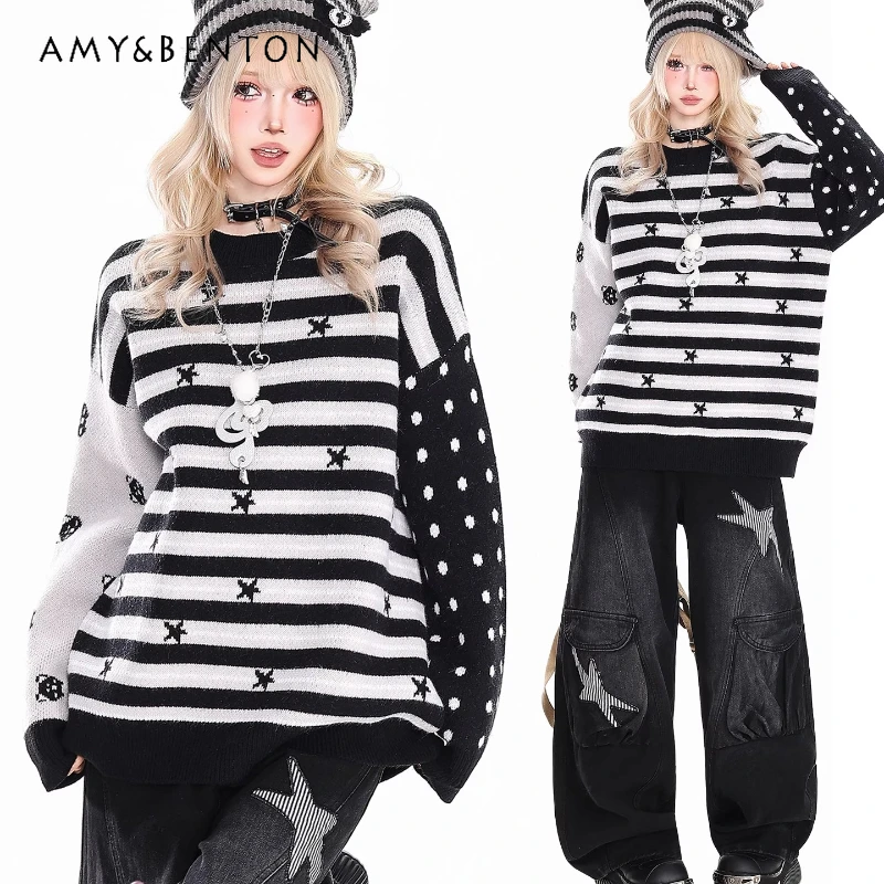 

Винтажный дизайн, субкультура, полосатые звезды, женские свитера, осень-зима, новый тонкий свободный пуловер, вязаный свитер, женский