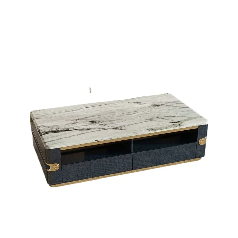 Light luxury long coffee table Hong Kong style post-modern coffee table metal living room marble long coffee table baking paint
