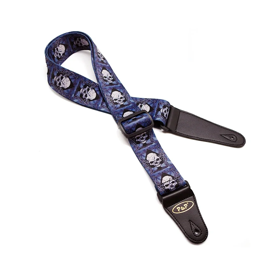 Correa de guitarra acústica, extremo de cuero ajustable, Terylene, poliéster, estampado, diseño de calavera fresca, guitarra eléctrica, bajo