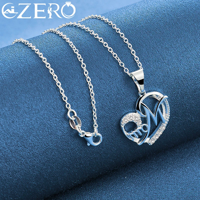 ALIZERO 925 Sterling Silver Heart Mom Zircon Pendant Necklace 16-30Inch Chain For Woman Wedding Party Charm Jewelry Holiday Gift