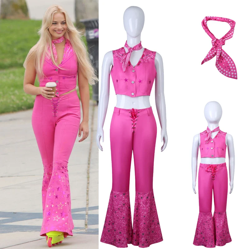 Movie Barbi Cosplay Costume for Girls Punk High Waist Bell Bottom Women Pink Clothes Uniform Flare Pant Halloween Party Gifts