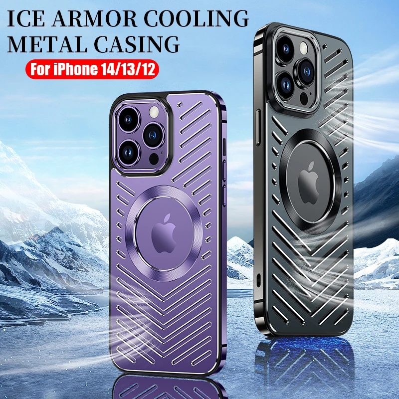 

Cooling Armor Stainless Steel Frame Aluminum Metal Back Case For iPhone 12 13 14 Pro Max Magnetic Wireless Charging Cover