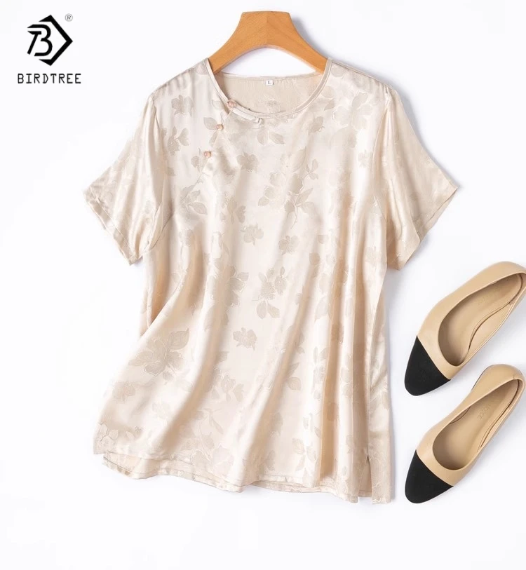 

Birdtree 100% Silk Tshirts,Summer Women Satin O Necks Straight Tops Beige Color Short Sleeve Tees New 2025 T55604JF