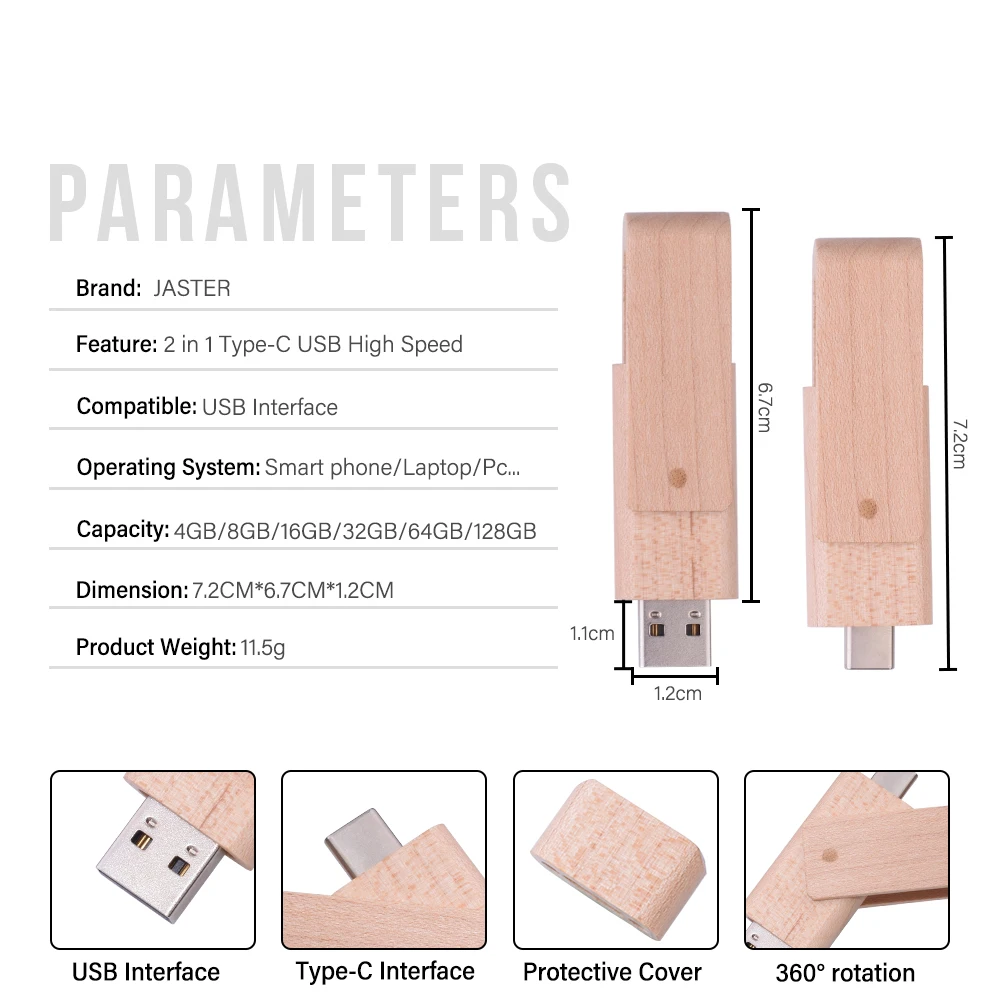 Wooden TYPE-C High Speed USB Stick OTG 2in1 128GB USB Flash Drives 64GB Maple Memory Stick 32G Rotatable Pen Drive Wedding Gift