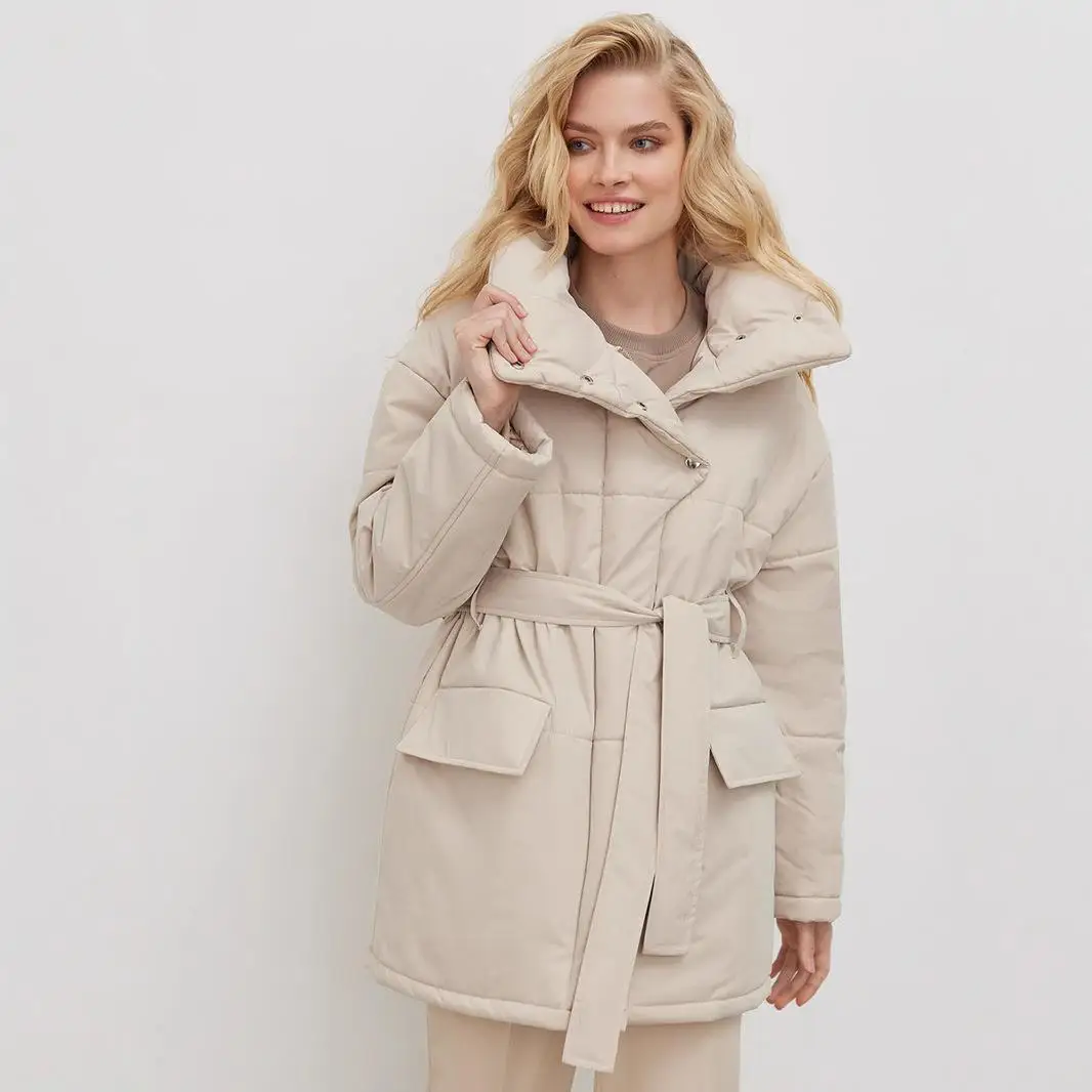 

Ele Belted Cotton Jaet Asymmetrical Collar Long Sve Thiened Autumn Winter New Arrival Women's Faion Cotton Coat