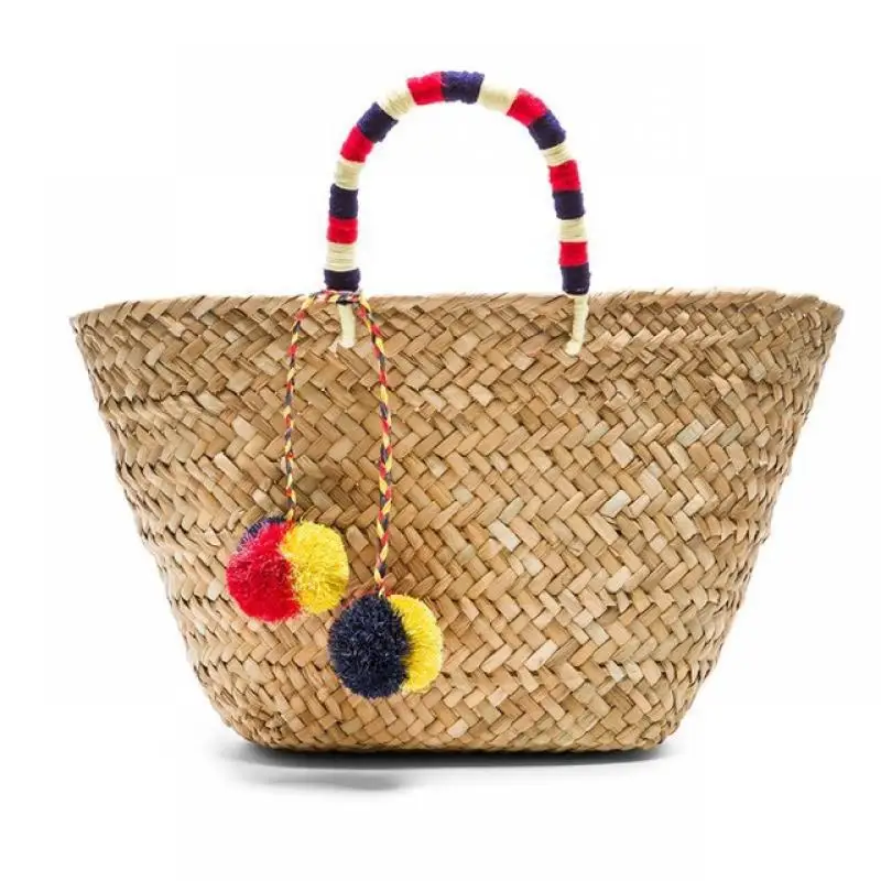 Summer Handmade Colorful Ball Wicker Woven Women Handbags Casual Large Rattan Basket Bags Beach Straw Bag Big Bucket Tote Purses