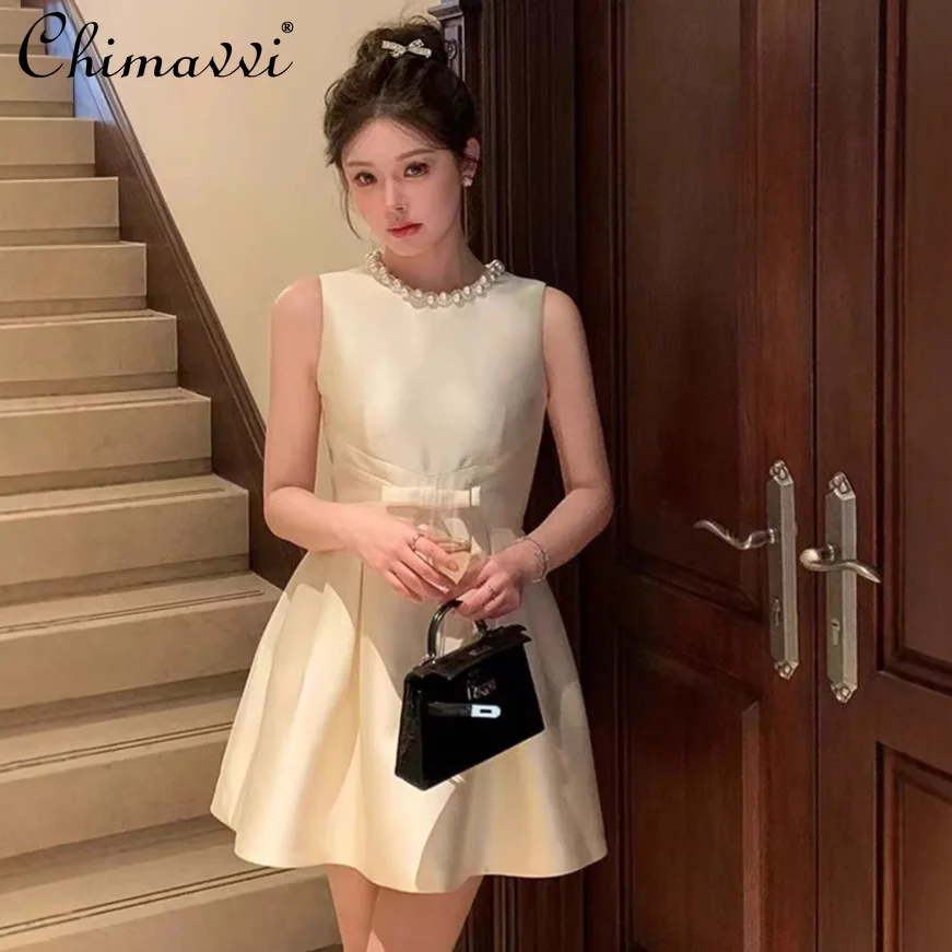 

French Elegant Temperament Socialite Dresses Pearl Crew Neck Sleeveless High Waist Bow A-line Birthday Short Evening Dress Women