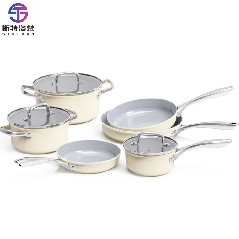 9 Pieces Ceramic Non-stick Cookware Set  Kitchen Die-cast Aluminum Milk Pot Soup Pot Frying Pan Set with Glass Lid