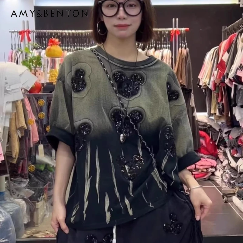 

2026 Spring Summer New Heavy Industry Tie-dye Applique Cartoon Short-sleeves T-shirt Women's Trendy Brand Oversized Design Top