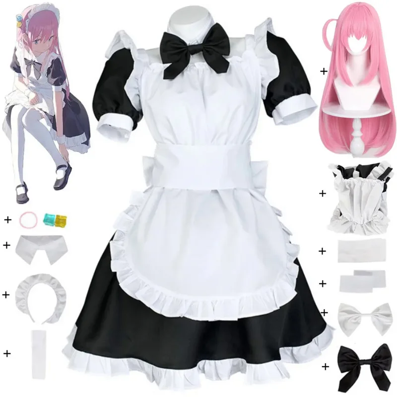 Gotou Hitori Cosplay Traje, Anime, Bocchi, The Rock Gotou Hitori Maid Uniform Suit Dress para Mulheres, Fofa de Halloween, Peruca Sexy