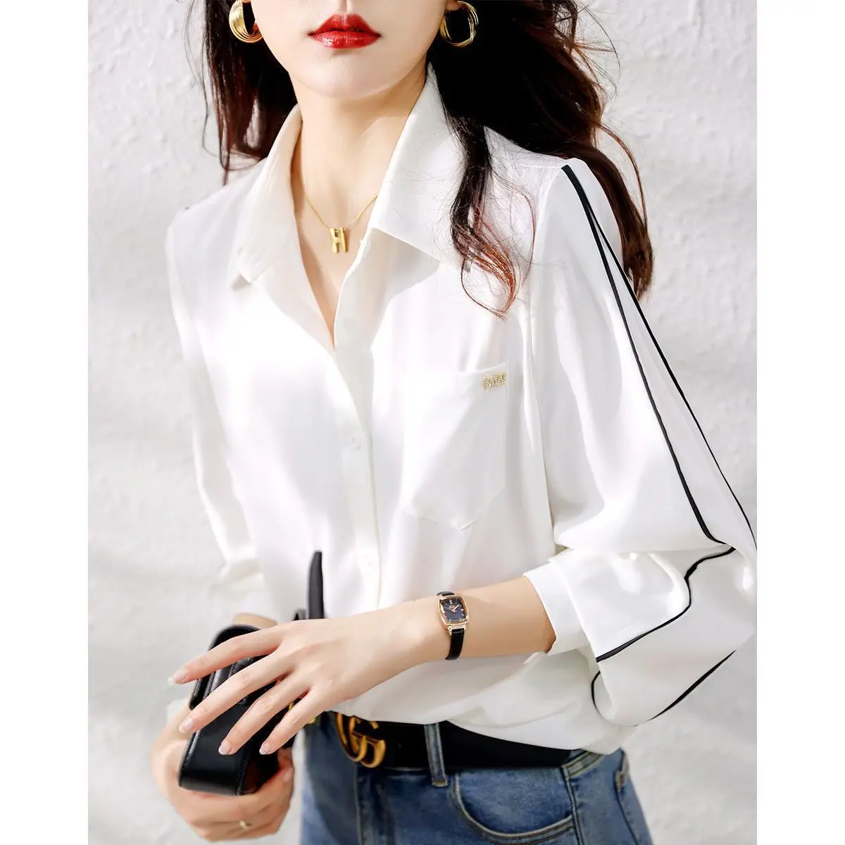 Spring Summer Women Long Sleeve Blouses Tops Fashion Turn-down Collar solid color white Blouse Shirts