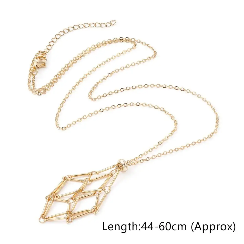 قفص حامل كريستال نحاسي للقلادة ، شبكة معدنية ، حجر طبيعي ، لون فضي وذهبي ، إكسسوارات