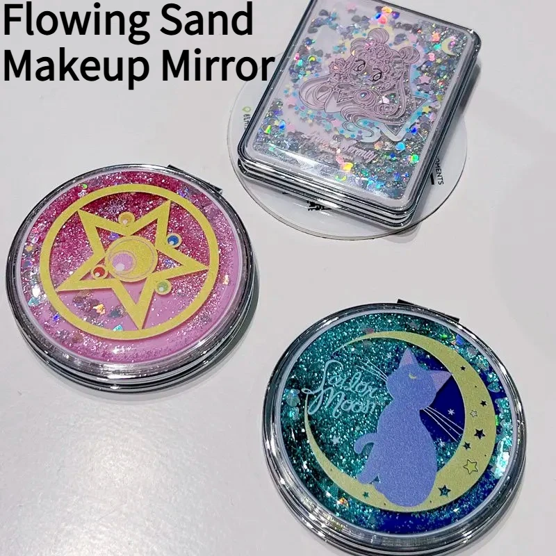 Exquisite Foldable Girl's Quicksand Mirror Home Decorative Mirror Portable Outdoor Cartoon Makeup