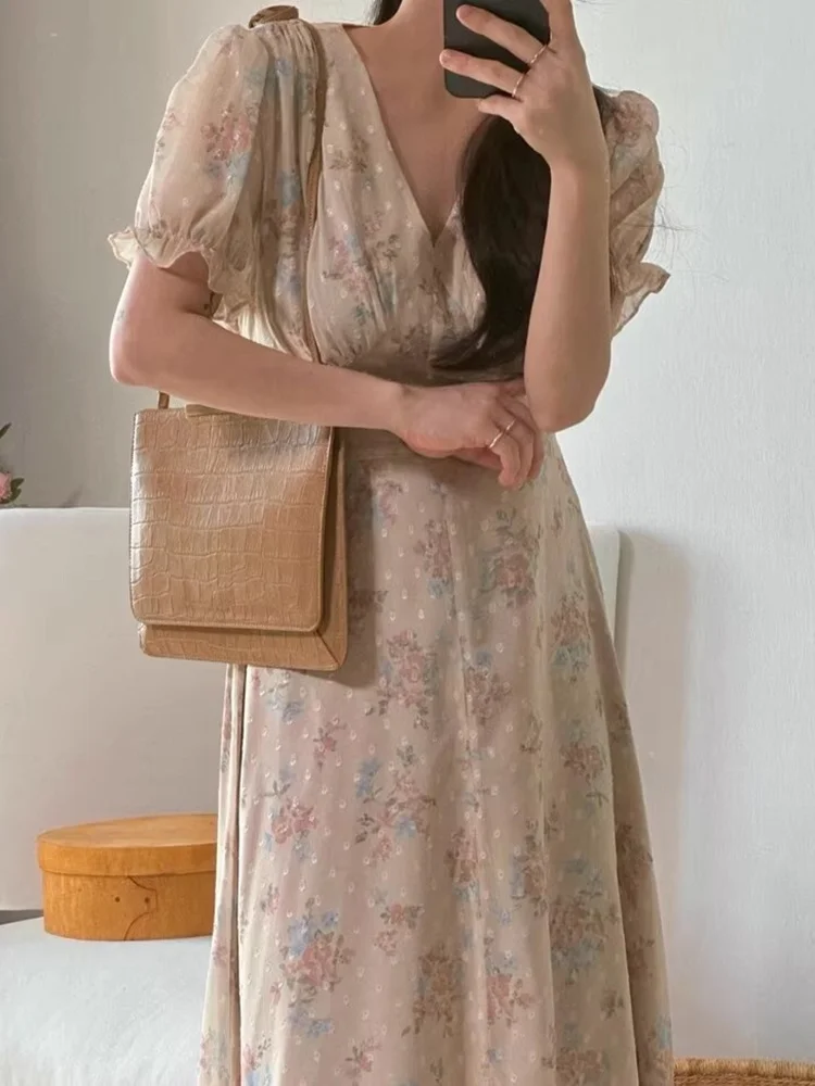 Retro Summer Floral Chiffon Dr with Waist Cinching Tie Bubble Sve Long Women's Faion Korean Sle High Waist ort Sl...